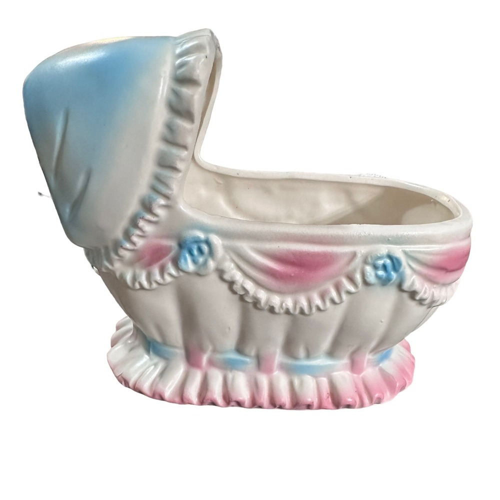 Vintage Inarco Musical‎ Baby Planter, Crib/Bassinet, Rose's Pink & Blue Japan